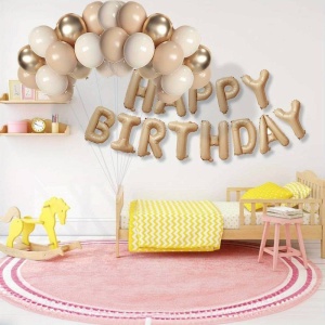 Set 25 de Baloane din Folie Metalizata si Latex, Flippy, Figurine 2 Stele, 4 Baloane Confetti, 13 Litere, 6 Latex, Model Happy Birthday, Tema Aniversare, 40 cm, Ambalaj Individual, Pai Inclus, Umflare cu Aer sau Heliu, Bej - Img 6
