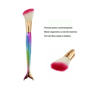 Set 3 Pensule pentru Machiaj Flippy, in Forma de Sirena, Electroplacate, Detalii Fine, Maner Ergonomic, Peri din Fibra Moale, Multicolor - Img 4
