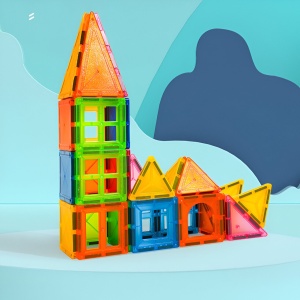 Set 32 Piese Magnetice de Constructie, Flippy, Piese 5.5 cm, Magnetic Tiles, Forme Geometrice, 3 Ani, ABS, Magnet, 20.5 x 14.5 x 12 cm, Multicolor - Img 9