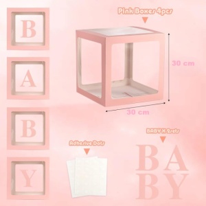 Set 4 Cutii pentru Baloane, Flippy, Model Scris Baby, Tematica Iubire, Cuburi Decorative din Plastic, Accesorii pentru Petrecere, 30 x30 cm, Transparente Contur Roz - Img 7
