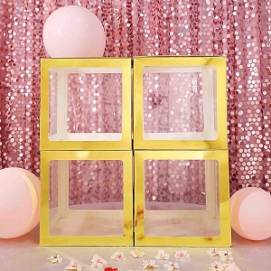 Set 4 Cutii pentru Baloane, Flippy, Model Simplu, Tematica Aniversare, Cuburi Decorative din Plastic, Accesorii pentru Petrecere, 30 x30 cm, Transparente Contur Auriu - Img 5