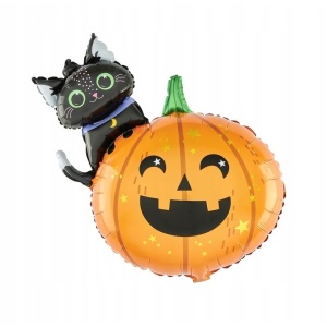 Set 5 Baloane din Folie Metalizata, Flippy, Figurine, Tema Halloween, Pai Inclus, Ambalaj Individual, Umflare cu Aer sau Heliu, Figurina Dovleac si Pisica 84x69 cm, Stelute si Cerculete 45 cm, Multicolor - Img 3
