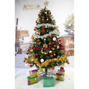 Set brad artificial de Craciun si elemente decorative, decorat cu conuri pin rosii, inaltime 210 cm, diametru 137 cm, 1172 ramuri, Flippy, verde, suport metalic inclus - Img 2