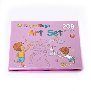 Set Complet pentru Desen si Pictura, Flippy, 208 Piese, Creioane, Markere, Acuarele cu Apa si Ulei, Pixuri, Hartie de Desen, Radiera, Ascutitoare, Radiera, Suport pentru Planse, Roz, Cutie Mica, English - Img 1
