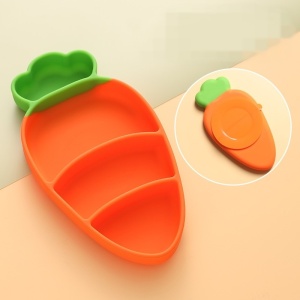 Set diversificare bebelusi Flippy, din silicon, 23.5 x 12.5 cm, 1 farfurie compartimentata in forma de morcov, lingurita si furculita, pai, perie pai, fara alergeni, ventuza fixare, forma creativa, portocaliu - Img 2
