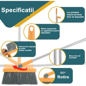 Set Matura si Faras cu Coada Detasabila, Flippy, cu Dinti de Pieptene pentru Curatare Matura, rotativ, pliabil, Otel inoxidabil si Polipropilena, portocaliu - Img 4
