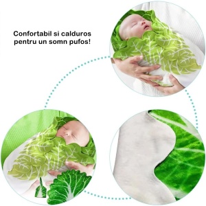 Set patura flanel si caciula Flippy, forma frunza de salata, pentru nou-nascuti, material poliester, 85 cm, verde - Img 10