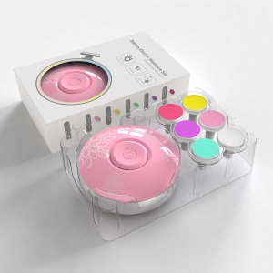 Set Pila Electrica pentru Copii si Bebelusi, Flippy, ABS, Incarcare USB, Model cu Flori, 6 Accesorii, cu Lumina LED, Roz - Img 1
