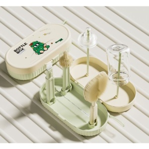 Set Portabil cu Suport de Spalare/ Uscare Biberoane, Flippy, Perii de Silicon pentru Curatarea Tetinelor, Suzetelor, Paharelor si Biberoanelor, Cutie Multifunctionala, Verde - Img 1