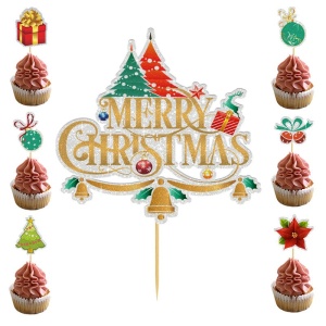 Set Toppere pentru Tort si Prajituri, Flippy, Tematica Craciun, Model Mare Scris Merry Christmas 15.5x14.3 cm, 6 Toppere Mici Modele Variate 5x5 cm, Multicolor - Img 4