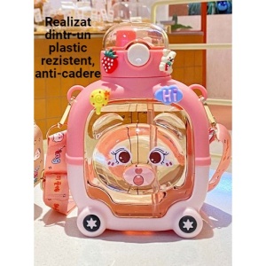Sticla cu pai pentru copii, Flippy, model ursulet, gradata, stickere aplicate, curea reglabila, din plastic rezistent la cadere, 1l, Roz, 20 x 13 cm - Img 6
