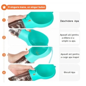 Sticla portabila 4 in 1 Flippy, pentru caini si pisici, cu 3 compartimente + lopetica, 300ml, apa, hrana, pungi igienice, lopetica, 26.7 x 9.7 x 9.4 cm, turcoaz - Img 5