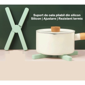 Suport pliabil din silicon pentru vase fierbinti Flippy, portabil, usor de depozitat, rezistent la temperaturi foarte ridicate, 14.5 x 7.5 x 1.6 cm, antialunecare, verde - Img 4