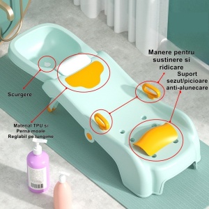 Suport Pliabil pentru Spalat Parul Flippy, Pentru Copii, cu Scurgere, cu Picioare Antialunecare, Material Polipropilena, Suport Cap Reglabil, cu Manere, 110 x 35 x 21 cm, Verde - Img 4