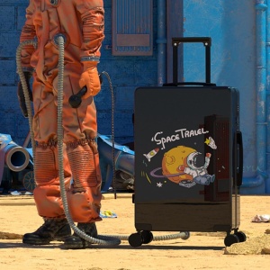 Troler de Calatorie, Flippy, 56 x 35 x 22 cm, 4 Roti, Maner Reglabil, din ABS, cu Fermoar, Blocare cu Cod, Impermeabil, Model Astronaut, Negru - Img 7
