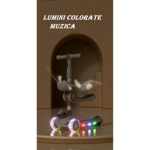 Trotineta Multifunctionala 3 in 1, Flippy, pentru Copii, 1-7 Ani, cu Lumini si Muzica, Reglabil 360, Pliere Usoara, Reglarea Inaltimii, Model Dinozaur, 67-76 x 24 x 55 cm, Alb/Bej - Img 2