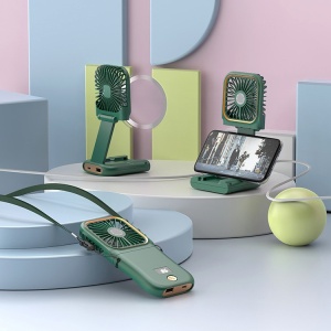 Ventilator Portabil Flippy, 3 in 1, de Mana, de Gat, de Birou, 16.7 x 8 x 1.9 cm, 3 Trepte de Viteza, Incarcare USB, Pliabil, Afisaj Digital, Suport Telefon, Verde - Img 4