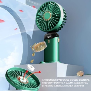 Ventilator Ultra Portabil cu Aromaterapie, Flippy, 3 in 1, de Mana, de Birou, de Gat, 5 Trepte de Viteza, Incarcare USB, Autonomie 12h, Pliabil, cu Ecran LCD, Verde - Img 6
