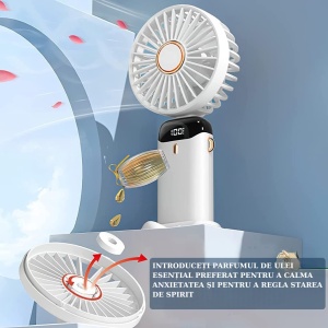 Ventilator Ultra Portabil cu Aromaterapie, Flippy, 3 in 1, de Mana, de Birou, de Gat, 5 Trepte de Viteza, Incarcare USB, Autonomie 12h, Pliabil, cu Ecran LCD, Alb - Img 10