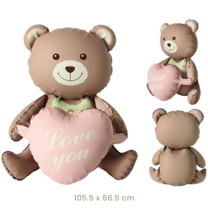 Balon din Folie Metalizata, Flippy, Figurina Animata, Model Ursulet cu Inimioare, 105.5 x 66.5 cm, Ambalaj Individual, Pai Inclus, Umflare cu Aer sau Heliu, Maro - Img 3