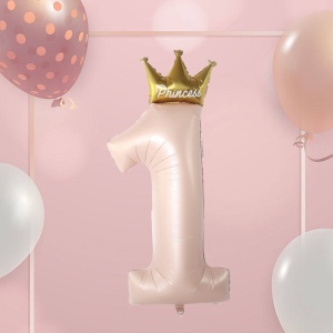 Balon din Folie Metalizata, Flippy, Figurina Cifra 1, Model Coroana Printesa, 91 cm, Ambalaj Individual, Pai inclus, Umflare cu Aer sau Heliu, Roz - Img 3