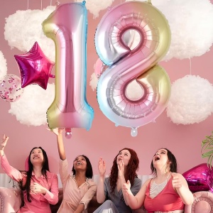 Balon din Folie Metalizata Flippy, Figurina Cifra Gradient, Tema Aniversare 40 cm, Ambalaj Individual, Pai inclus, Umflare cu Aer sau Heliu, Multicolor, Cifra 1 - Img 3