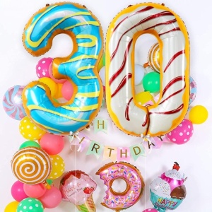 Balon din Folie Metalizata Flippy, Figurina Cifra, Imprimeu Gogosi, Tema Aniversare 100 cm, Ambalaj Individual, Pai inclus, Umflare cu Aer sau Heliu, Multicolor, Cifra 0 - Img 5