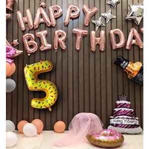 Balon din Folie Metalizata Flippy, Figurina Cifra, Imprimeu Gogosi, Tema Aniversare 100 cm, Ambalaj Individual, Pai inclus, Umflare cu Aer sau Heliu, Multicolor, Cifra 5 - Img 3