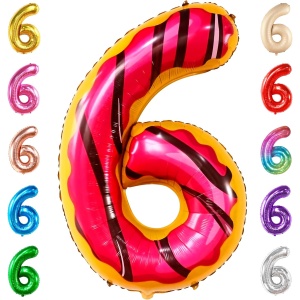 Balon din Folie Metalizata Flippy, Figurina Cifra, Imprimeu Gogosi, Tema Aniversare 100 cm, Ambalaj Individual, Pai inclus, Umflare cu Aer sau Heliu, Multicolor, Cifra 6 - Img 5