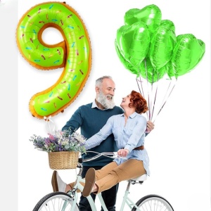 Balon din Folie Metalizata Flippy, Figurina Cifra, Imprimeu Gogosi, Tema Aniversare 100 cm, Ambalaj Individual, Pai inclus, Umflare cu Aer sau Heliu, Multicolor, Cifra 9 - Img 2