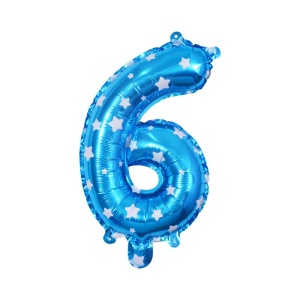 Balon din Folie Metalizata Flippy, Figurina Cifra, Imprimeu Stele, Tema Aniversare 80 cm, Ambalaj Individual, Pai inclus, Umflare cu Aer sau Heliu, Albastru, Cifra 6 - Img 1