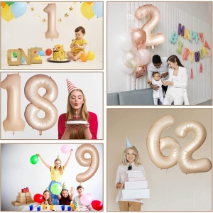 Balon din Folie Metalizata, Flippy, Figurina Cifra, Model 7, Tema Aniversare 100 cm, Ambalaj Individual, Pai Inclus, Umflare cu Aer sau Heliu, Crem - Img 5