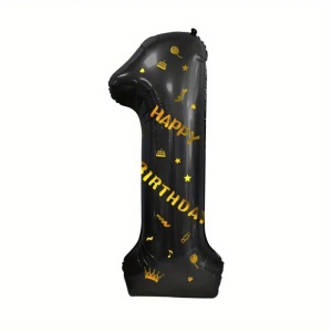 Balon din Folie Metalizata Flippy, Figurina Cifra si Coroana, Scris Happy Birthday, Tema Aniversare 100 cm, Ambalaj Individual, Pai inclus, Umflare cu Aer sau Heliu, Negru, Cifra 1 - Img 6