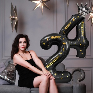 Balon din Folie Metalizata Flippy, Figurina Cifra si Coroana, Scris Happy Birthday, Tema Aniversare 100 cm, Ambalaj Individual, Pai inclus, Umflare cu Aer sau Heliu, Negru, Cifra 2 - Img 8