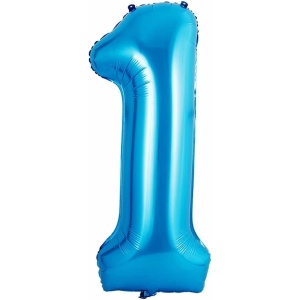 Balon din Folie Metalizata Flippy, Figurina Cifra si Coroana, Tema Aniversare 100 cm, Ambalaj Individual, Pai inclus, Umflare cu Aer sau Heliu, Albastru, Cifra 1 - Img 2