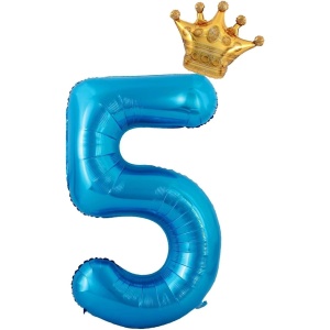 Balon din Folie Metalizata Flippy, Figurina Cifra si Coroana, Tema Aniversare 100 cm, Ambalaj Individual, Pai inclus, Umflare cu Aer sau Heliu, Albastru, Cifra 5 - Img 1