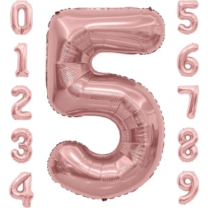 Balon din Folie Metalizata Flippy, Figurina Cifra, Tema Aniversare 100 cm, Ambalaj Individual, Pai inclus, Umflare cu Aer sau Heliu, Coral, Rose, Cifra 5 - Img 4