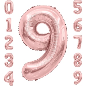 Balon din Folie Metalizata Flippy, Figurina Cifra, Tema Aniversare 100 cm, Ambalaj Individual, Pai inclus, Umflare cu Aer sau Heliu, Coral, Rose Gold, Cifra 9 - Img 4