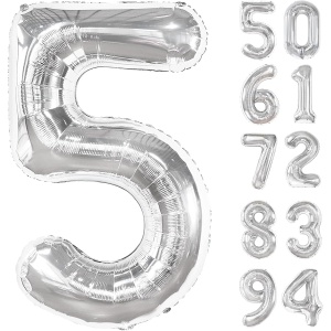Balon din Folie Metalizata, Flippy, Figurina Cifra, Tema Aniversare 100 cm, Ambalaj Individual, Pai inclus, Umflare cu Aer sau Heliu, Argintiu, Cifra 5 - Img 4