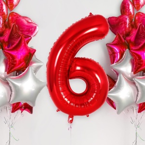 Balon din Folie Metalizata Flippy, Figurina Cifra, Tema Aniversare 40 cm, Ambalaj Individual, Pai inclus, Umflare cu Aer sau Heliu, Rosu, Cifra 6 - Img 12