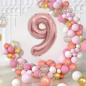Balon din Folie Metalizata Flippy, Figurina Cifra, Tema Aniversare 40 cm, Ambalaj Individual, Pai inclus, Umflare cu Aer sau Heliu, Rose Gold, Cifra 9 - Img 2
