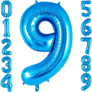 Balon din Folie Metalizata Flippy, Figurina Cifra, Tema Aniversare 40 cm, Ambalaj Individual, Pai inclus, Umflare cu Aer sau Heliu, Albastru, Cifra 9 - Img 6