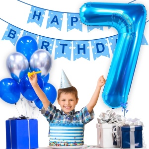 Balon din Folie Metalizata Flippy, Figurina Cifra, Tema Aniversare 40 cm, Ambalaj Individual, Pai inclus, Umflare cu Aer sau Heliu, Albastru, Cifra 7 - Img 6
