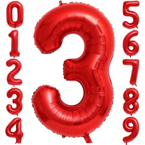 Balon din Folie Metalizata Flippy, Figurina Cifra, Tema Aniversare 80 cm, Ambalaj Individual, Pai inclus, Umflare cu Aer sau Heliu, Rosu, Cifra 3 - Img 3