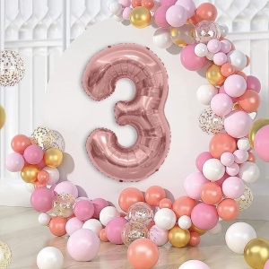 Balon din Folie Metalizata Flippy, Figurina Cifra, Tema Aniversare 80 cm, Ambalaj Individual, Pai inclus, Umflare cu Aer sau Heliu, Rose Gold, Cifra 3 - Img 3