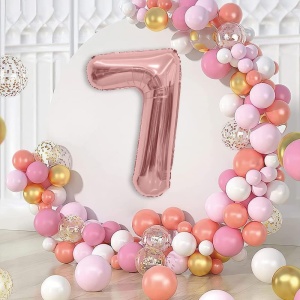 Balon din Folie Metalizata Flippy, Figurina Cifra, Tema Aniversare 80 cm, Ambalaj Individual, Pai inclus, Umflare cu Aer sau Heliu, Rose, Cifra 7 - Img 2