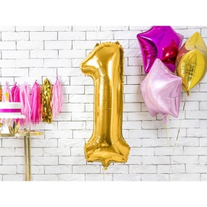 Balon din Folie Metalizata Flippy, Figurina Cifra, Tema Aniversare 80 cm, Ambalaj Individual, Pai inclus, Umflare cu Aer sau Heliu, Auriu, Cifra 1 - Img 4