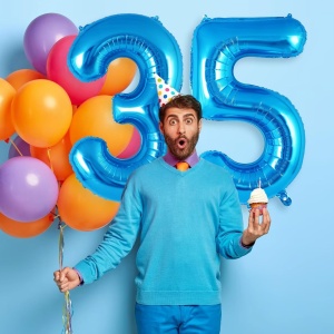 Balon din Folie Metalizata, Flippy, Figurina Cifra, Tema Aniversare 80 cm, Ambalaj Individual, Pai inclus, Umflare cu Aer sau Heliu, Albastru, Cifra 5 - Img 4