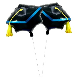 Balon din Folie Metalizata, Flippy, Figurina, Model Toca Congrats Grad, Tematica Absolvire, 56x70 cm, Ambalaj Individual, Pai Inclus, Umflare cu Aer sau Heliu, Negru-Albastru - Img 2