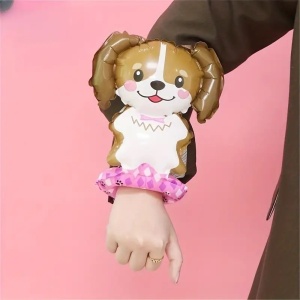 Balon din Folie Metalizata, Flippy, Figurine Animalute, Tip Bratara, Model Catel, 13 x 35 cm, Ambalaj Individual, Pai Inclus, Umflare cu Aer sau Heliu, Maro - Img 2